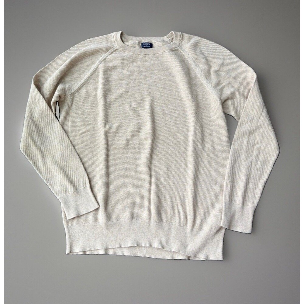 J Crew Mens Large Crewneck Sweater Beige Textured Knit Raglan Pullover Cotton L